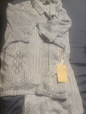Beautiful Light Blue Open-Knit Button Shirt With Matching Shorts